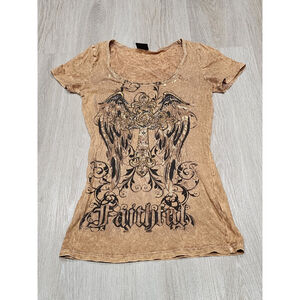 Daytrip Faithful Cross Angel Graphic Rhinestone Tee Size Small